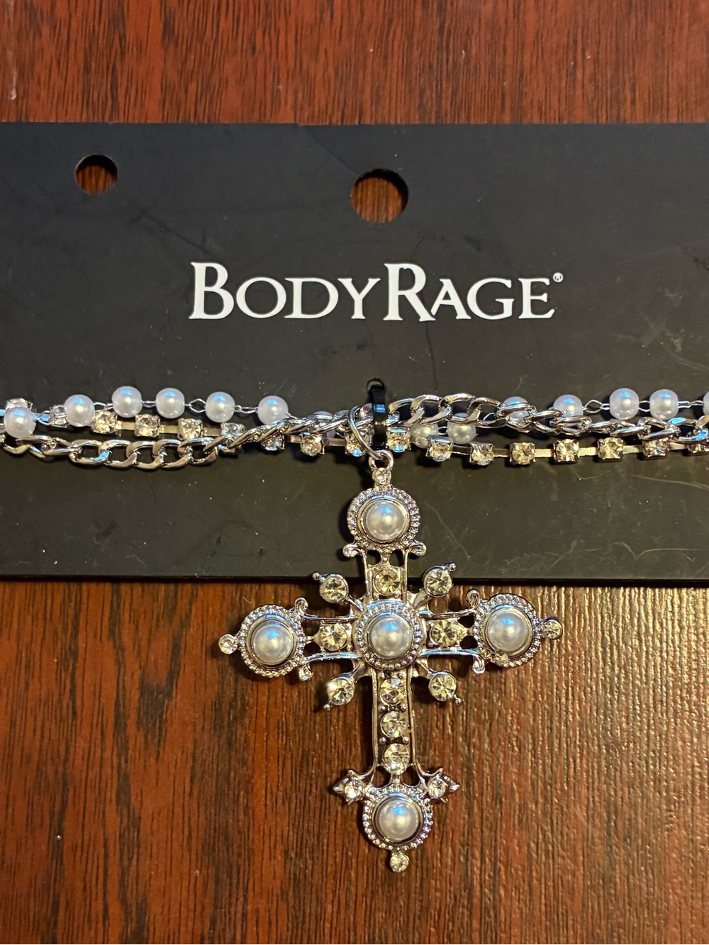 BodyRage Silver Cross Pendant Necklace with Pearlescent Accents